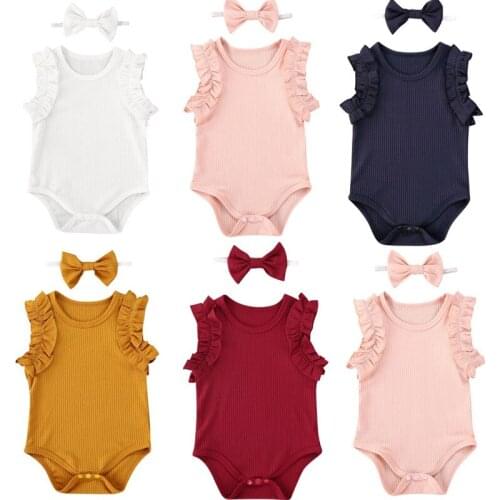 2020 Baby Girl Summer Romper Newborn Baby Girl Solid Knitted Cotton Romper Ruffles Jumpsuit Headband 2Pcs Outfits 5 Color