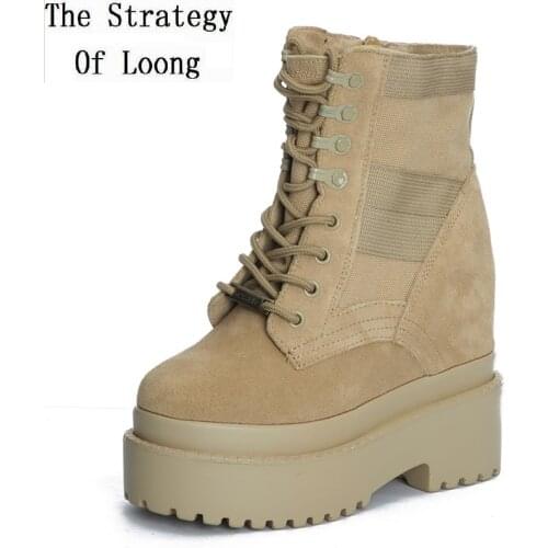 Korean Style Spring Autumn Height Increasing Platform Sewing Genuine Leather Women Ankle Boots Winter Plush Ladies Short Botas