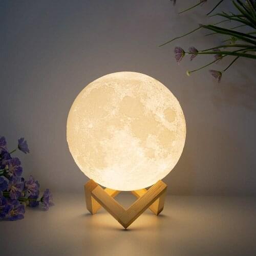 3D Moon Shaped Lamp Rechargeable USB Night Light 2 Colors Beautiful Sensitive Light with Wooden Stand for Room Christmas Gift