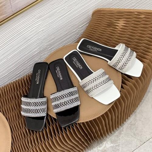 2021 Summer Rhinestone Women Slippers Sandals Slippers Woman Sandals Slides Fashion Bead Brand Design Beach Shoes Plus Size