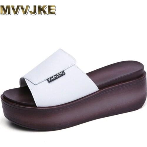 MVVJKE Summer women slippers genuine leather Open Toe middle heel shoes Women Wedges Slippers black white slides sandals