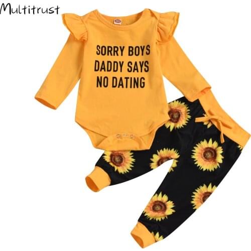 Infant Baby Clothes 3pcs Baby Girl Clothes Unique Letter Long Sleeve Bodysuit and Sunflower Long Pants with Headband