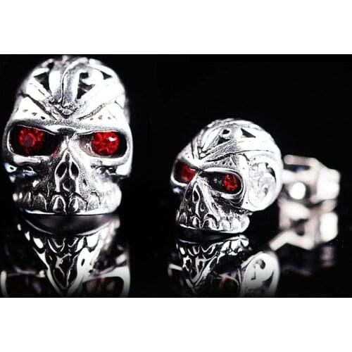 Stainless Steel Red Crystal Eye Evil Skull Stud Earrings for Motorcycle Party Biker Earrings Gothic Punk Earrings Jewelry