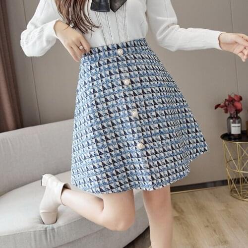 Plaid skirt autumn and winter womens new high-waist asymmetric a-line tweed autumn short skirt