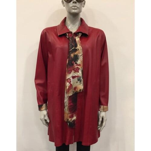 Womens Genuine Leather Red Jacket Real Sheepskin Casual Double Sided Plus Size Waterproof Naturel Coat Removanle Scarf