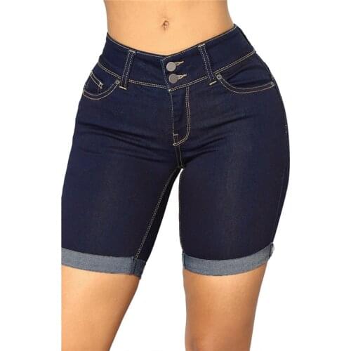 Women Vintage Mid Waist Blue Jeans Shorts Elegant Ladies Casual Stretch Denim Shorts Plus Size Blue Black Dark Blue Color