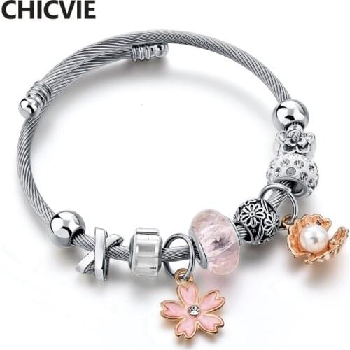 CHICVIE Pink Flower & Pearl shell Bracelets & Bangles Charms For Women Luxury Brand Bracelet Stainless Steel Bracelets SBR180104