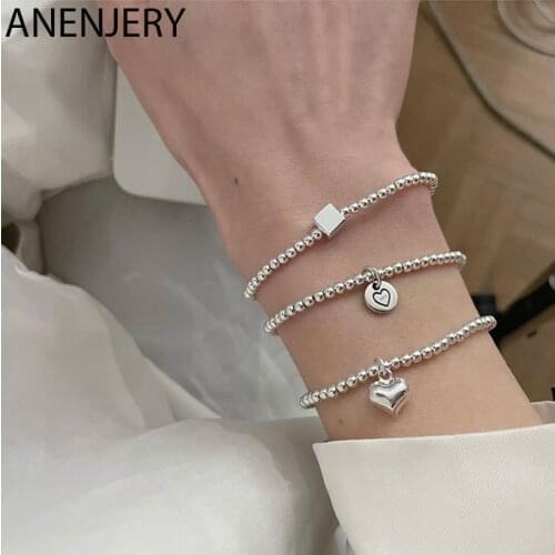 ANENJERY 925 Sterling Silver Beaded Square Heart Bracelet For Women Simple Personality Cool Bracelet Korean Hot Selling Jewelry