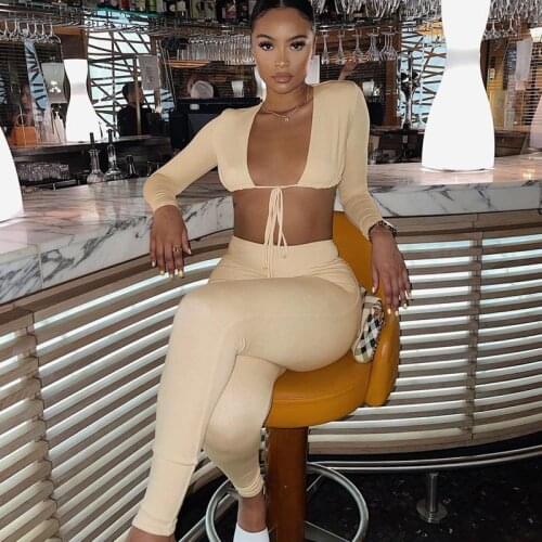 Women Solid Sexy 2 Piece Pant Set 2021 Autumn Bodycon Fitness Tracksuit Long Sleeve Outfits Winter Crop Top Trouser Set Female
