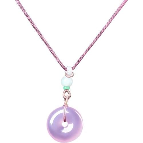 Women Necklace Pendant Pink Agate Donuts Circle Pendant Free Rope Gift for Female Fine Jade Jewelry