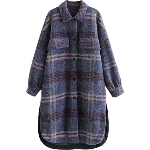 Women 2021 Fashion Oversized Check Woolen Coat Vintage Long Sleeve Side Vents Pockets Female Outerwear Chic Overcoat
