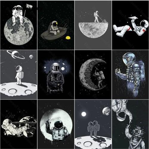 5D Diy Diamond Painting Cartoon Astronaut Series In The Space Black and White Diamond Embroidery Cross Stitch Kits Mosaic Art