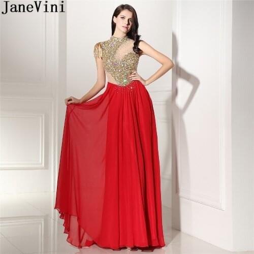 JaneVini Shining Gold Crystal Formal Wedding Party Dress Saudi Arabia Beaded Chiffon Luxurious Long Prom Bridesmaid Dress 2018