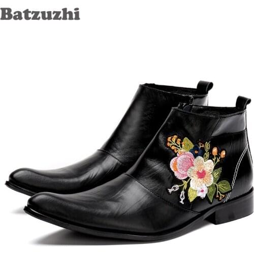 Batzuzhi New Western Cowboy Boot Men Black Leather Boots for Men with Embroidery Flowers Nightclub High-heeled Boots Autumn Bota