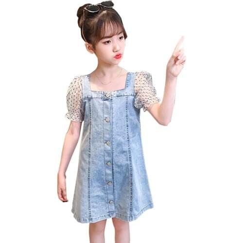 Teenage Girl Denim Dress Patchwork Dress Girls Dot Pattern Dress For Kids Summer Costume Girl 6 8 10 12 14