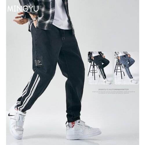 Brand Cotton Jeans Black Mens Harem Pants Autumn Elastic Slim Feet Stripe Jogging Student Trousers Large Size 8xl 7xl 6xl 5xl