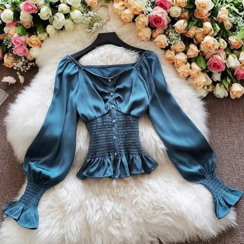 Elegant Faux Satin Sweet Women Blouse Chic Spring New Single Breasted Cute Elastic Waist Ladies Shirt Top TN513