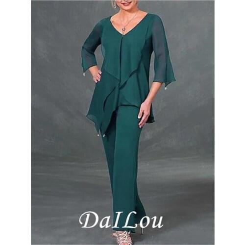Pantsuit / Jumpsuit Mother of the Bride Dress Elegant V Neck Floor Length Chiffon 3/4 Length Sleeve with Beading Ruffles 2021