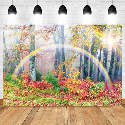 MOCSICKA Rainbow Backdrop for Photography Birthday Forest Autumn Maple Leaf Background for Studio Fantasy Backdrops Photocall