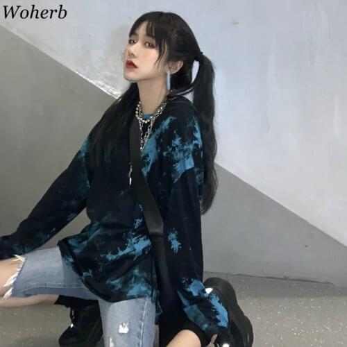 Woherb Harajuku Blue Tie Dyeing Women Men Plus Size T Shirt Long Sleeve Tops Tee Loose Streetwear Oversized T-shirts Korean 2020
