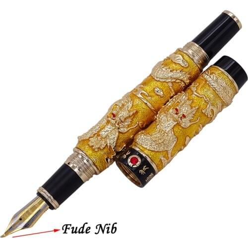 Jinhao Golden Cloisonne Double Dragon Calligraphy Fountain Pen Fude Bent Nib Advanced Craft Writing Gift Pen for Business Office