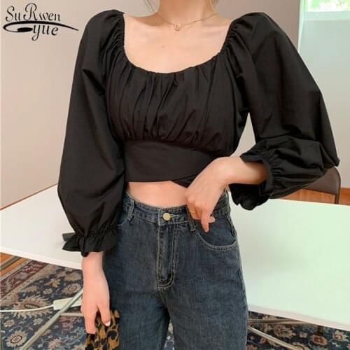 Korean Chic Long Sleeve Womens Shirt Short Slim Slash-neck Fashion Top Female Streetwear Womens Blouse 2021 Summer New 12927