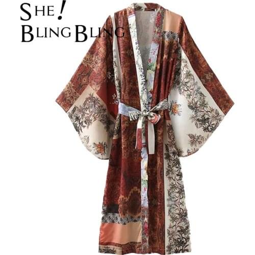 SheBlingBling Za Summer Kimono Shirts Fashion Extreme Sleeve Mid Length Casual Beach Wear Women Long Cardigan Belted Loose Shirt