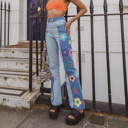 Cute Floral Print Y2K Jeans Women Patchwork Vintage Streetwear High Waist Harajuku Straight Flare Jeans Baggy Cargo Denim Pants