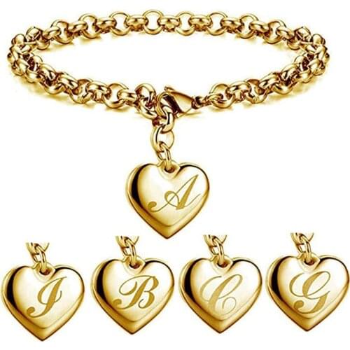 Modyle 2021 New Fashion Gold Color Stainless Steel Initial Alphabet Heart Charm Bracelets For Women