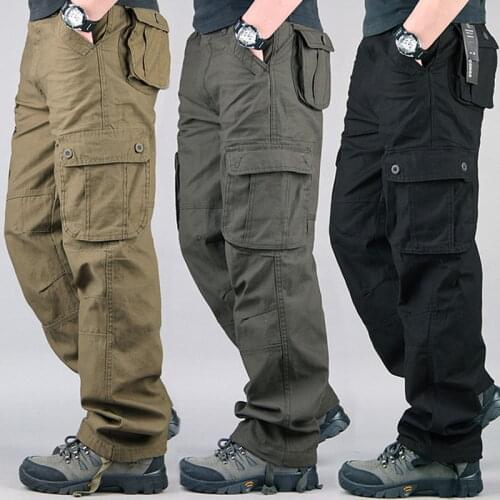 Mens cotton wear-resistant work pants Loose straight overalls Military uniform tactical trousers Street running training