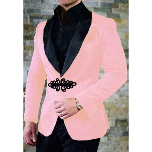 ANNIEBRITNEY New Pink Men Suit Slim Fit Tuxedo Bridegroom Suit Set Wedding Prom Blazer with Black Chinese Knot Buckle Pants 2Pcs