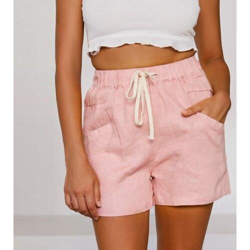 Solid Elastic Waist High waisted Casual Short Pockets cheap stuff Bermuda Fashion Cotton and linen shorts Womens Drop Shipping