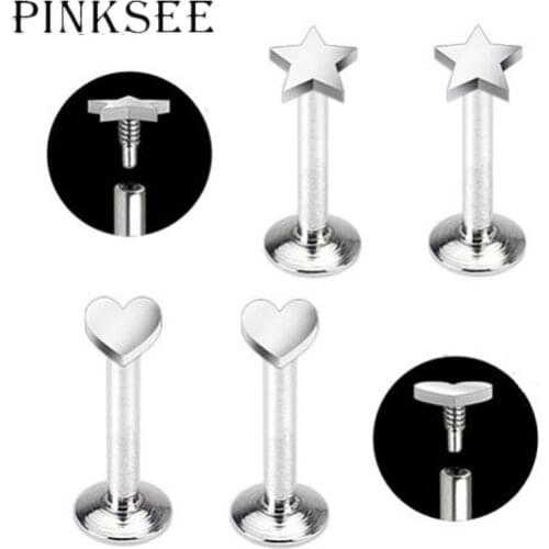 Pinksee 1PC Surgical Steel Heart Star Barbell Nipple Ring Hoop Cartilage Helix Ear Studs Body Piercing Jewelry for Unisex