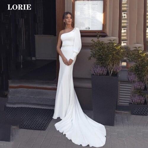 Lorie Satin Mermaid Wedding Dress Long Sleeve Vestido de novia One Shoulder Backless Boho Bridal Dress Wedding Gown
