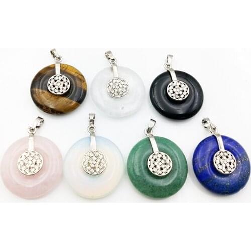 Flower of life mala pendant gems stone donut mala pendant large round circle pendant lapis crystal quartz tiger eye stone charm