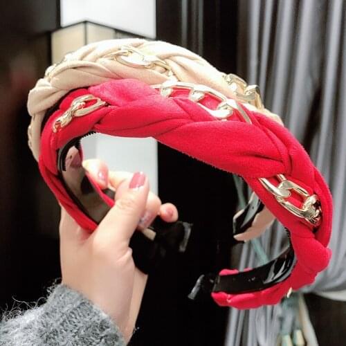 Wide-Band Headband High-end Luxury Hair Accessories Women Solid Color Pleated Alloy Chain Twist Braids Wild Hairbands Hair Hoop