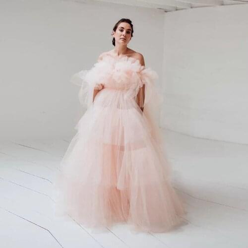 Pink Classic Elegant Exquisite Women Dress Strapless Layered Tulle Ruffles Elastic Floor Length Dresses Custom Made