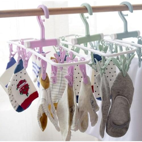Foldable Socks Drying Rack with 12 Clips Underwear Storage Holder Multi-functional Clothes Windproof Rack