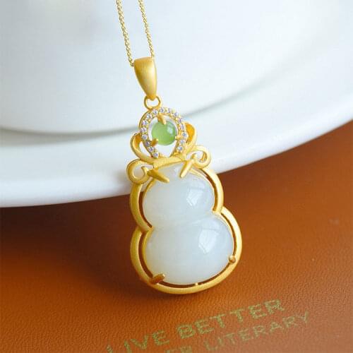 Hetian Lucky Jade Pendant Jade Gourd Female Silver Embeded Jade Pendant White Jade Jade Necklace Fu Lu Jade Pendant Gift