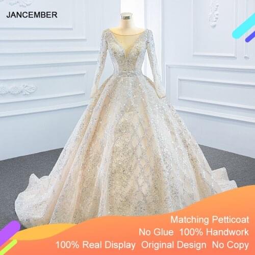 J67157 JANCEMBER Champagne Wedding Dress 2020 O Neck Long Sleeve Chest Strap Perspective Sequined vestidos de novia платья 2020
