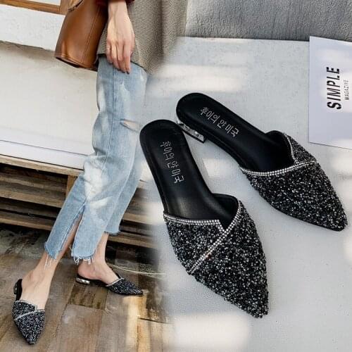 All-match sequin womens shoes spring and summer new fashion trend outer wear pointed slippers flat bottom non-slip Muller shoes