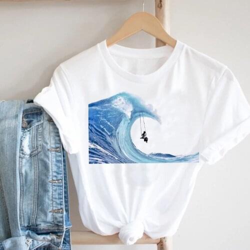 Women Clothing Wave Ocean Cartoon Printing Short Sleeve Cute 90s Summer Clothes Print Tshirt Female Tee Top Graphic T-shirt