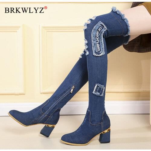 Womens Denim Boots Over The Knee Pointed Toe Thick High Heels Shoes Woman Casual Tassel Cut Out Jeans Long Botas Mujer