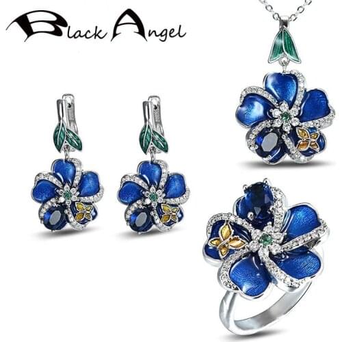 BLACK ANGEL 925 Silver Handmade Blue Enamel Plum Blossom Necklace Ring Clip Earrings Citrine CZ For Women Fashion Jewelry Set