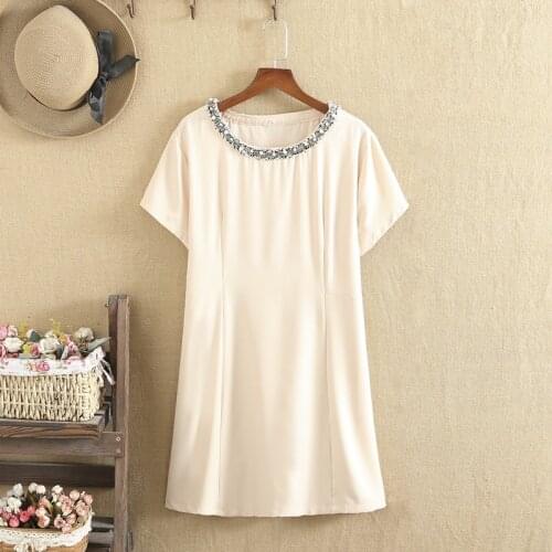Plus Size Dresses O-Neck Pearls Studs Short Sleeves Knitted Cotton Stretch Fabric Large Size Solid Color T-Shirt Skirt In Summer