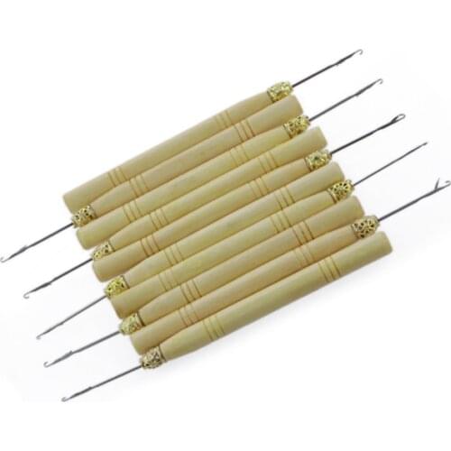 10 Hair Extension Wooden Handle Needle Threader Pulling Adding Tool