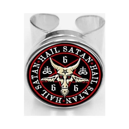 2019 / Vintage Bronze Pentagram Open Ring Red Goat Head Glass Dome Baphomet Glass Snap Ring Gothic Jewelry