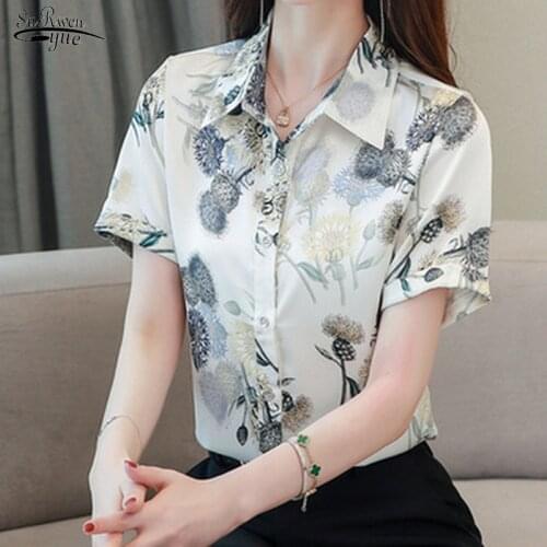 2021 Elegant Floral Clothing Plus Size Women Blouse Print Short Sleeve Cardigan Summer Silk Shirt Office Women Tops Blusas 10070