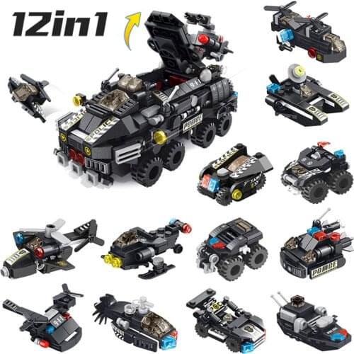 572Pcs Car Ship Plane 12 IN 1 CITY Police Armored Vehicle Model Educational Building Blocks Toys For Boys 6Years DIY Small Brick
