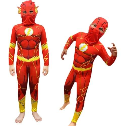 Halloween Costumes for Kids The Flash Cosplay Bodysuit Superhero Fancy Dress Boys Party Muscle Clothing with Headgear Mask Sets